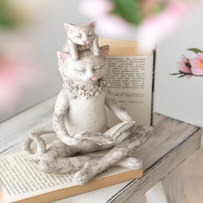 Statuette chats au livre - blanc cassé