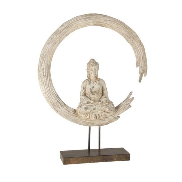 Statuette bouddha sur un cercle sur pied, en résine, coloris beige.