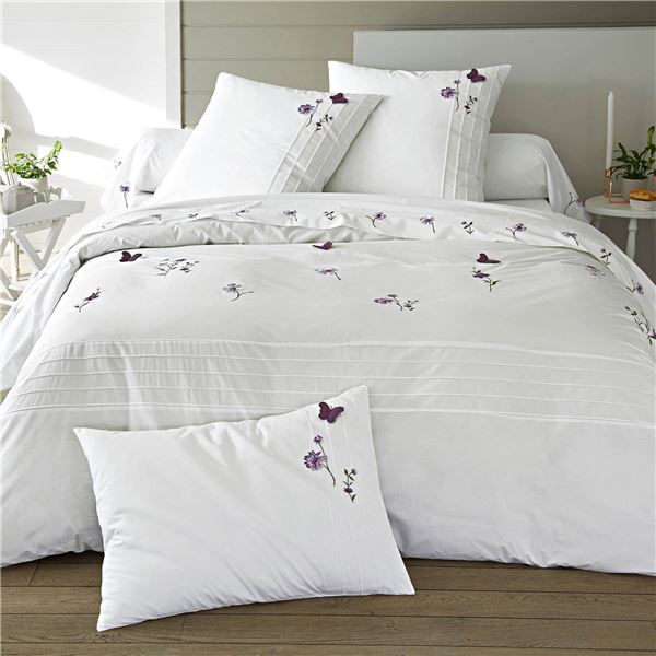 Linge de lit percale brodée fleurs et papillons - BECQUET CRÉATION